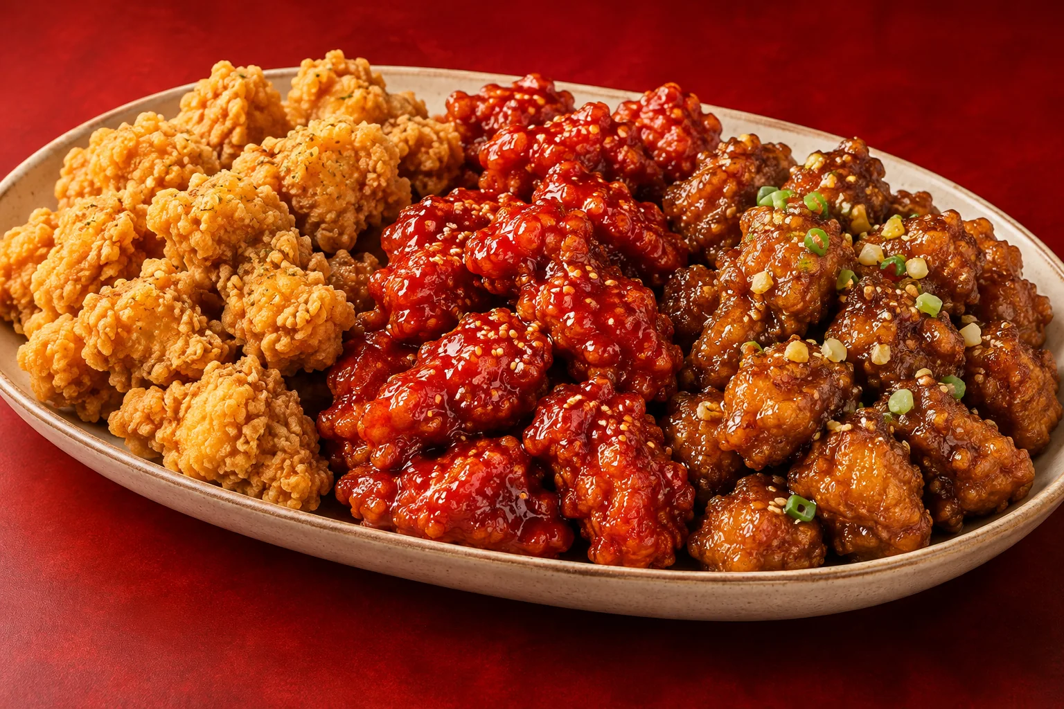 세 가지 맛 순살치킨을 담은 접시